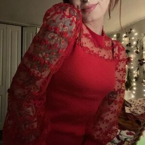 Retro Mesh Flocked Swiss Dot Holiday Sweater Blouse Md